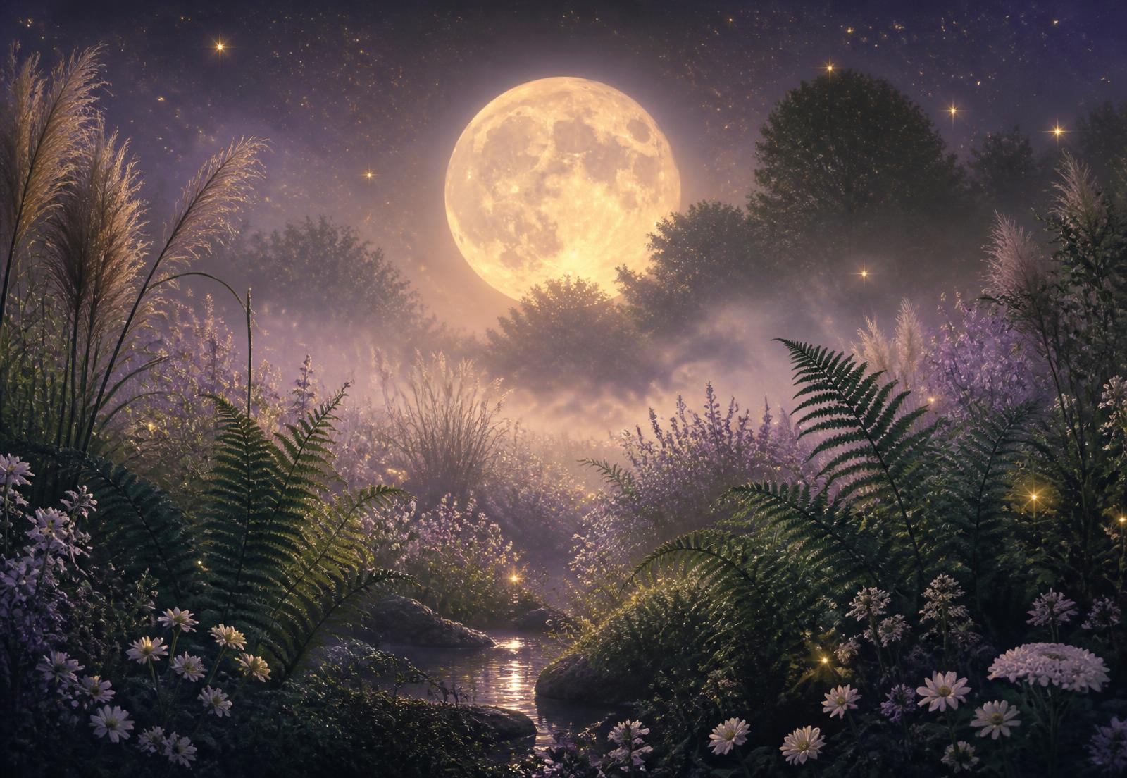 Moonlit garden with ferns, wildflowers and a glowing full moon